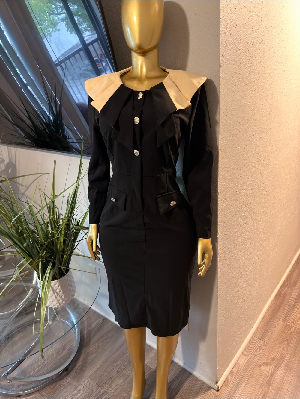Black Dress with Cream Collar and Statement Buttons